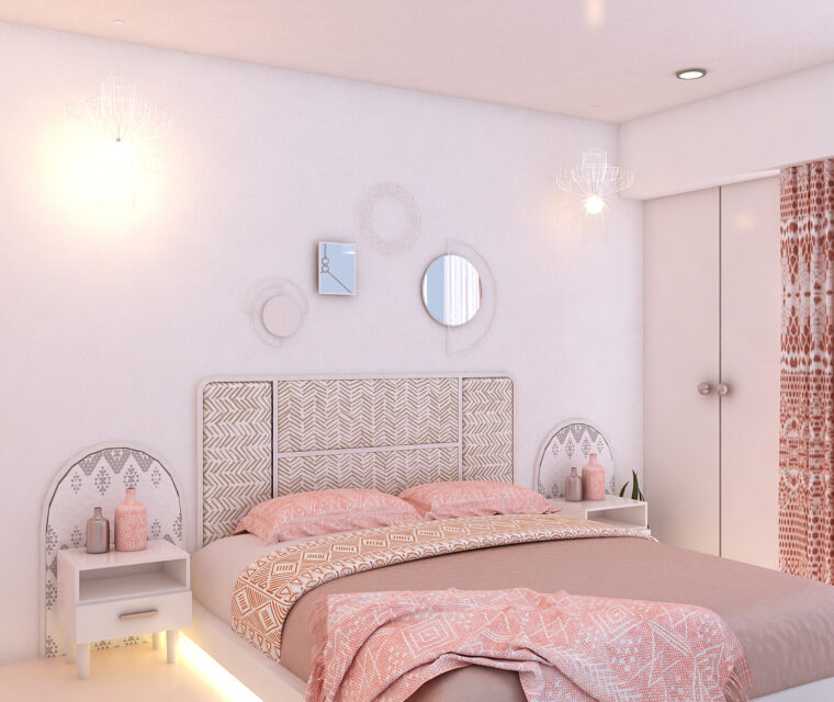 Stylish powder room with botanical wallpaper, round mirror, and warm pendant lighting