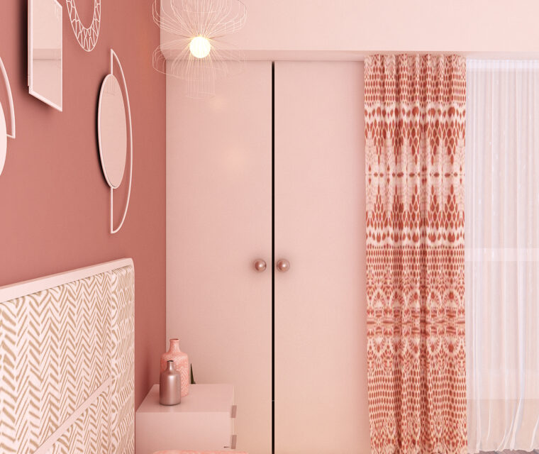 Warm-toned living and dining space with unique patterned chairs and statement ceiling light