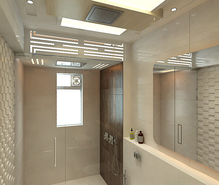 Neutral theme bathroom interior with modern toilet, basin, and sliding glass shower door