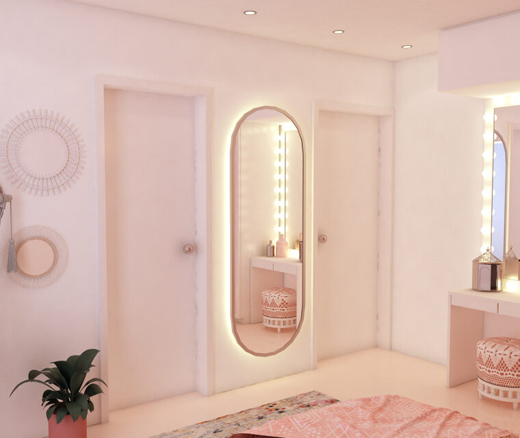 Living area with open bar counter, rich marble backsplash, and vibrant accent cushions