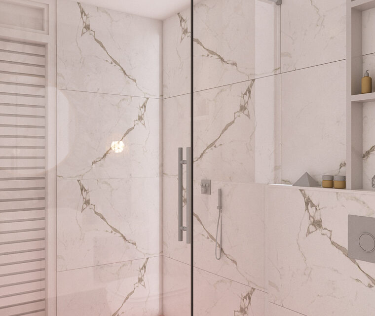Elegant bathroom design with glass shower enclosure, marble walls, and pink flooring