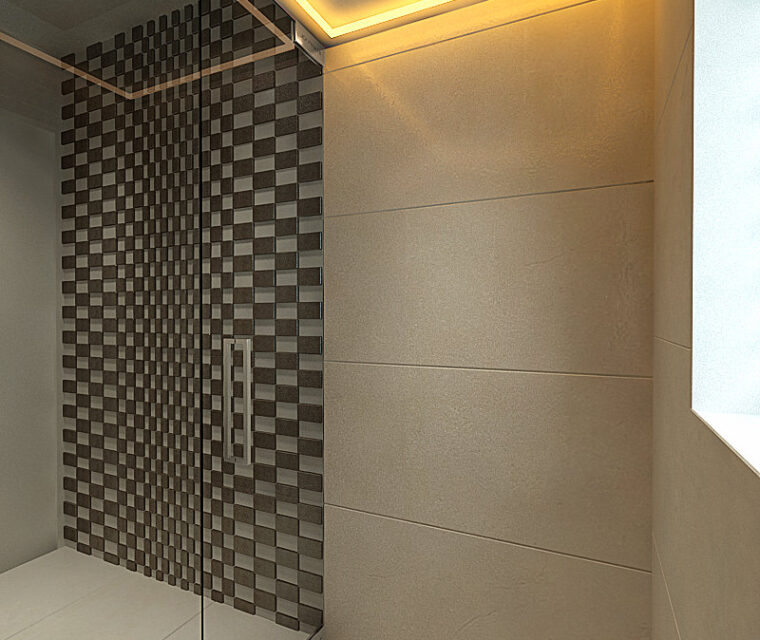 Modern bathroom with checkered tile wall, glass shower enclosure, and ambient lighting