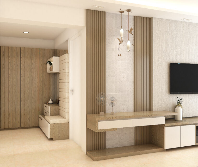 Dining room with a wooden table, beige chairs, and textured accent wall