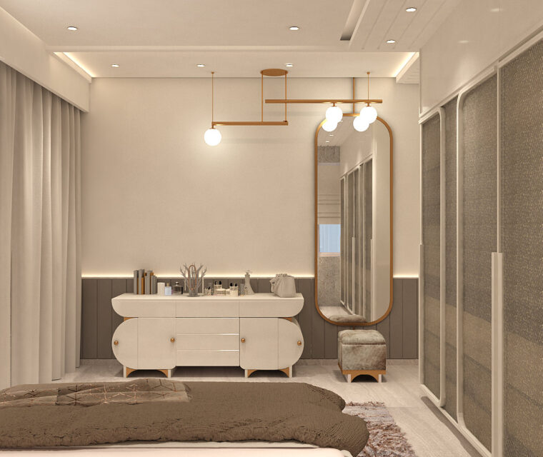 Scandinavian bedroom design featuring map wall art, soft natural lighting, layered textiles