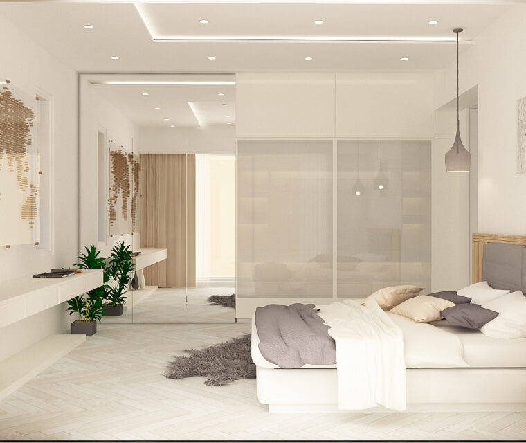 Designer bedroom with pendant lights, geometric wall panels, and inviting bed space