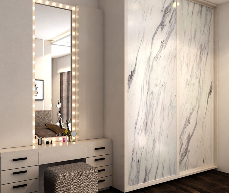 Modern foyer with wooden wall paneling, geometric decor, and marble flooring