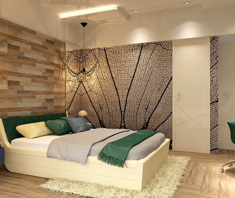 Bedroom interior featuring botanical wallpaper, wood panel accent, and cozy lighting
