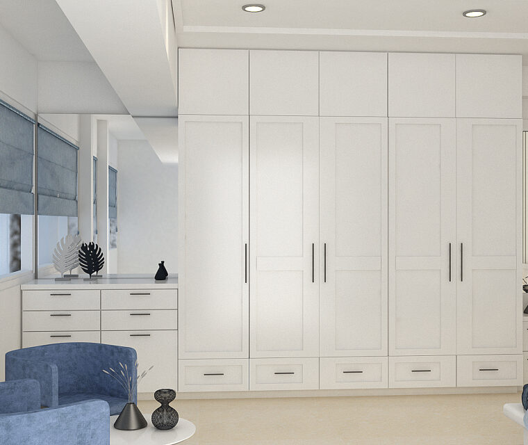 Contemporary white wardrobe design with sleek handles and ample storage in a bedroom setting