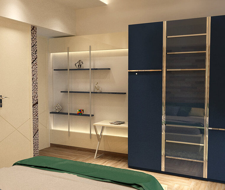 Blue and beige theme bedroom interior with TV unit and soft furnishings