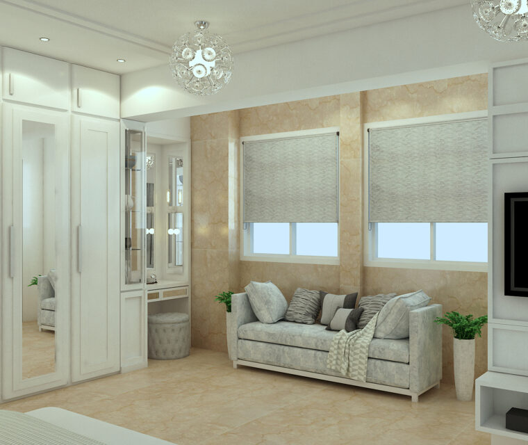 Modern luxury bedroom interior with neutral tones, large wardrobe, and designer lighting fixtures