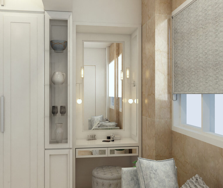 Sophisticated vanity corner with built-in mirror, display shelves, and tufted ottoman in neutral shades