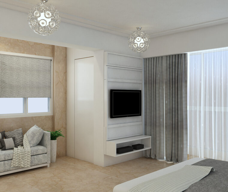 Contemporary living and dining room combo with soft beige sofas, abstract art, and open layout