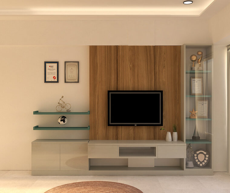 Contemporary living room design with teal sectional sofa, wooden elements, and large window