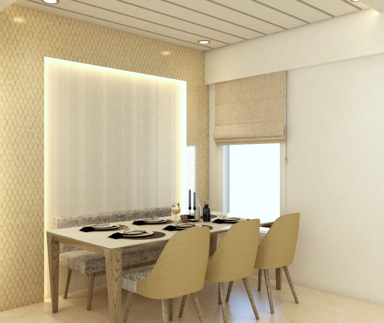 Living and dining area with neutral decor, round armchair, and wall art