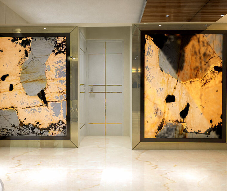 Living area with illuminated marble panels and designer doors