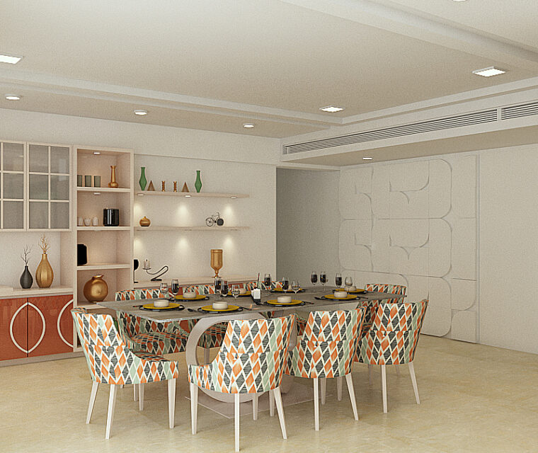 Modern dining room design with geometric patterned chairs and sleek cabinetry