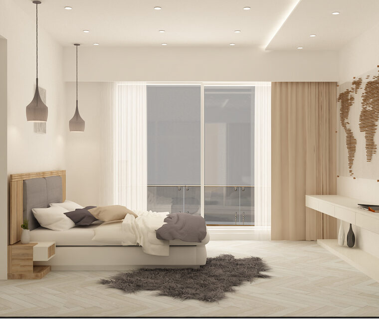 Modern bedroom interior with backlit paneling, workspace, and decorative shelving units