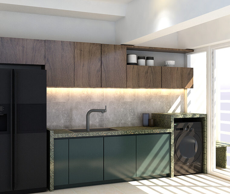 Stylish kitchen design, dark refrigerator, dual sinks, and overhead cabinets