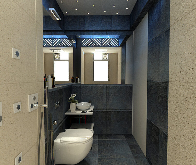 Bathroom design featuring blue textured wall tiles, modern sanitaryware, and layered ceiling