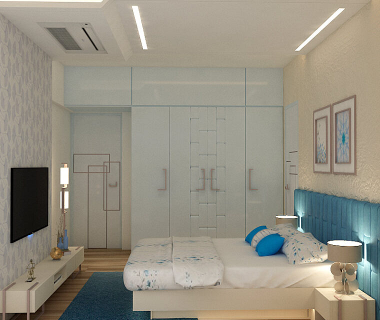 Elegant bedroom interior with blue headboard, modular wardrobes, and soft lighting