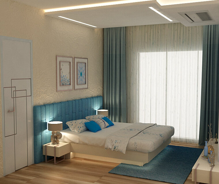 Bedroom area with white panel cabinetry, modern design