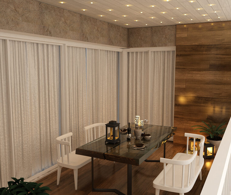 Cozy balcony dining area with warm decorative lighting, wood accents, and elegant glass table