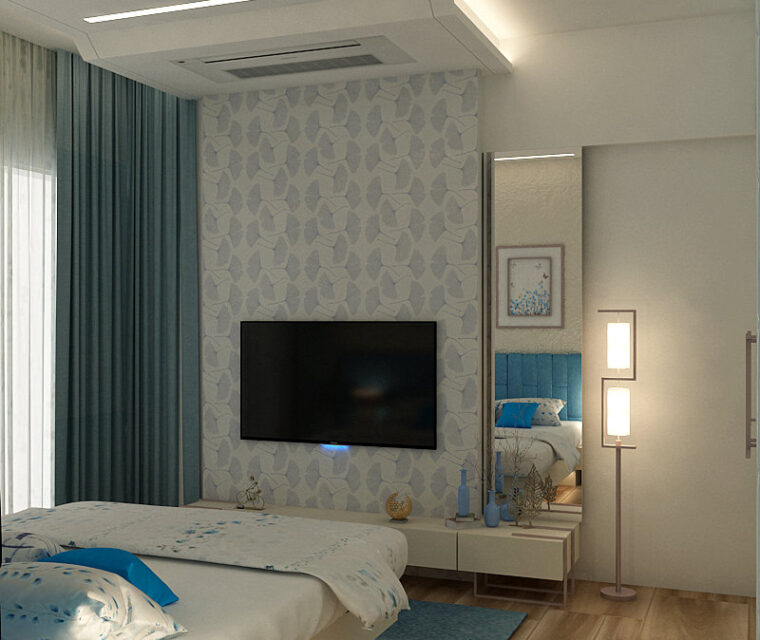 Bedroom design with black geometric ceiling tiles and stylish fixtures