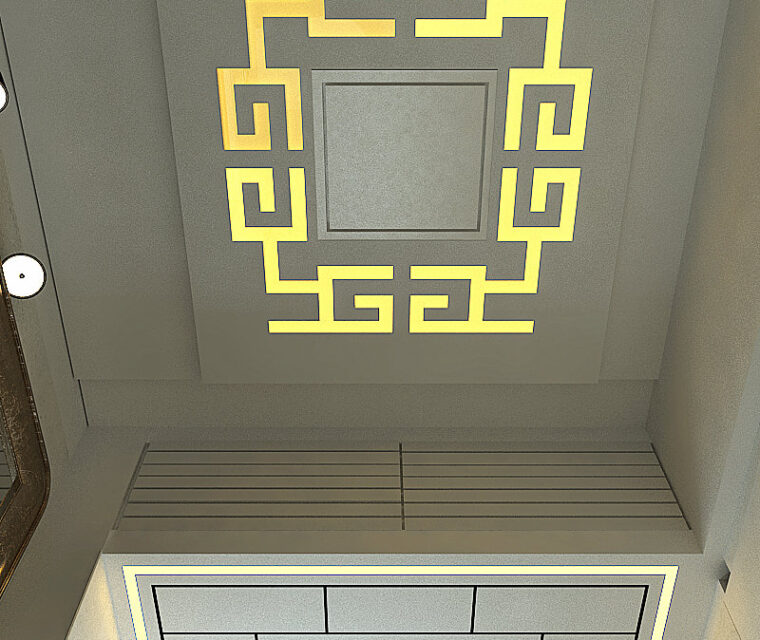 Modern false ceiling design with geometric gold accents