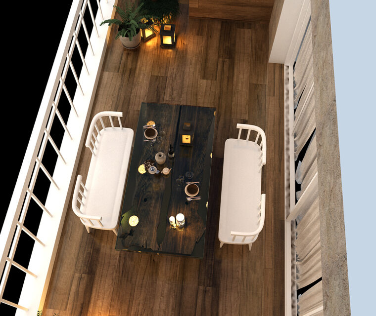 Aerial view of designer balcony or patio with wood flooring, dining table, and ambient lighting