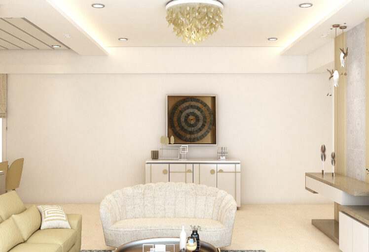 Sophisticated living room with chandelier, TV unit, and modern beige sofa