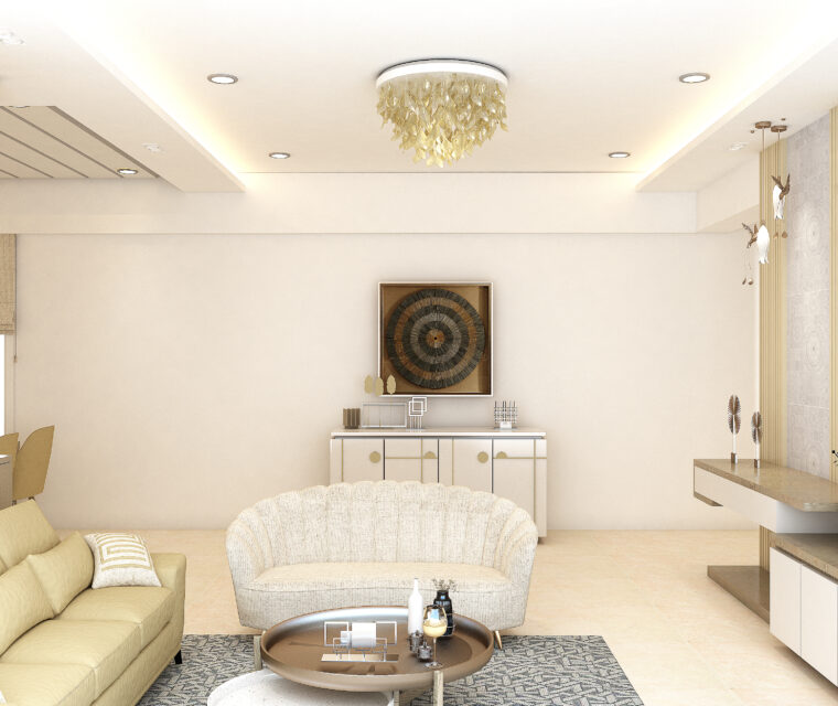 Sophisticated living room with chandelier, TV unit, and modern beige sofa