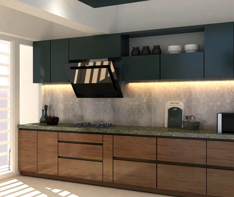 Designer kitchen setup with built-in appliances and matte finish cabinets
