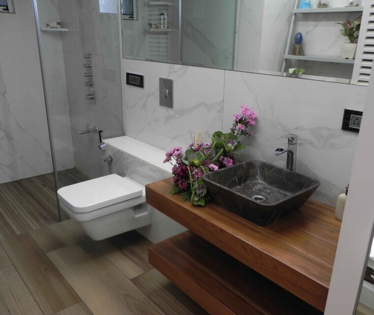 Premium bathroom interior with marble walls and modern fixtures