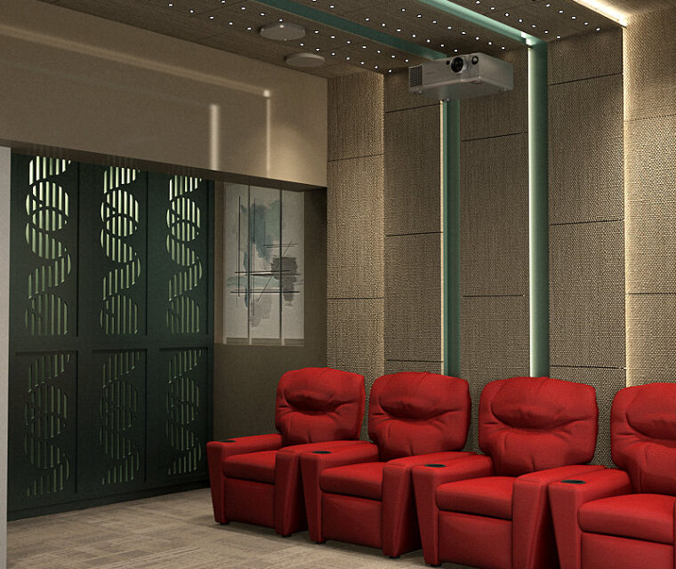 Home theater seating arrangement with red recliner chairs and soundproofed walls