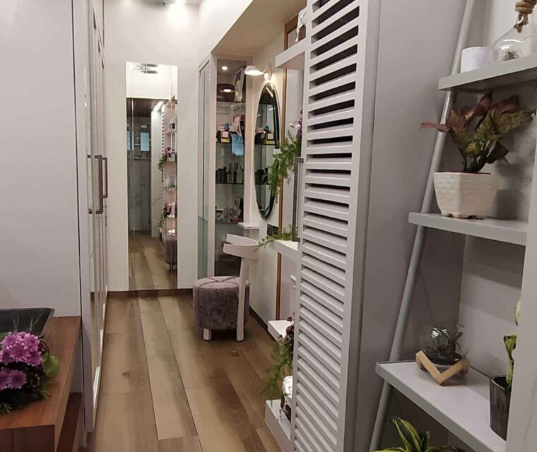 Walk-in closet corridor with decorative shelves and wood flooring