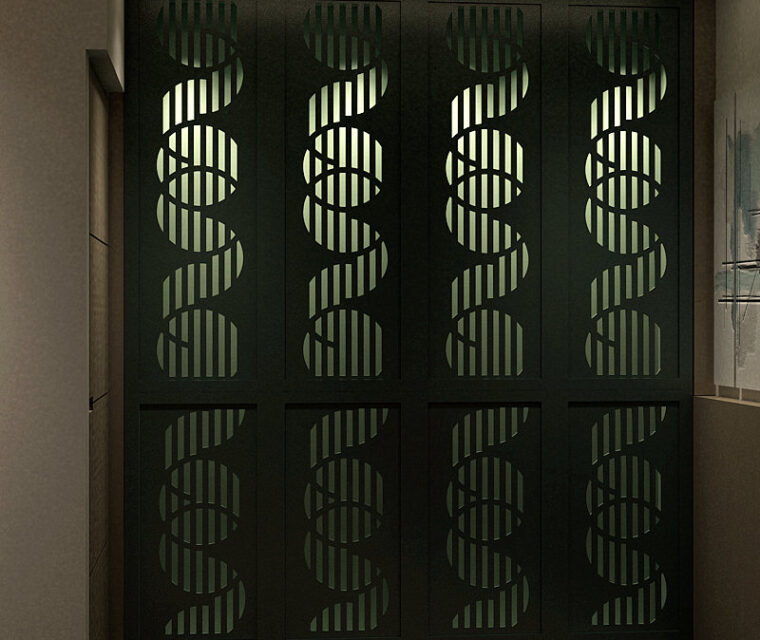 Decorative partition design in dark green with abstract cutouts