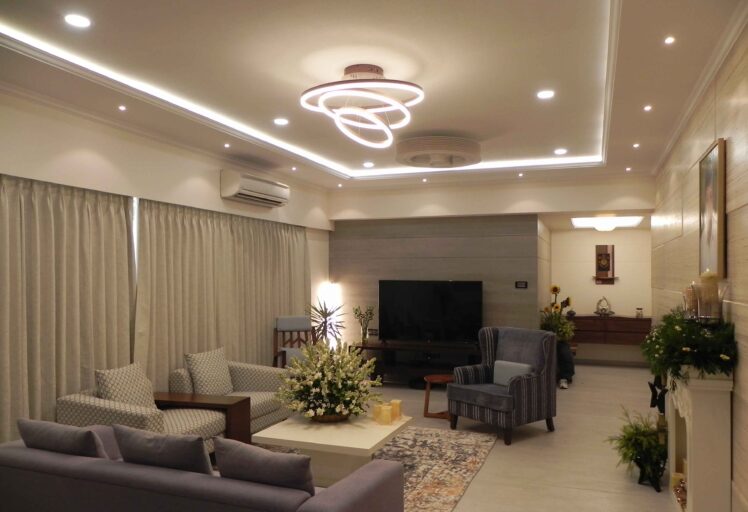 Modern living room interior design with stylish lighting and elegant seating