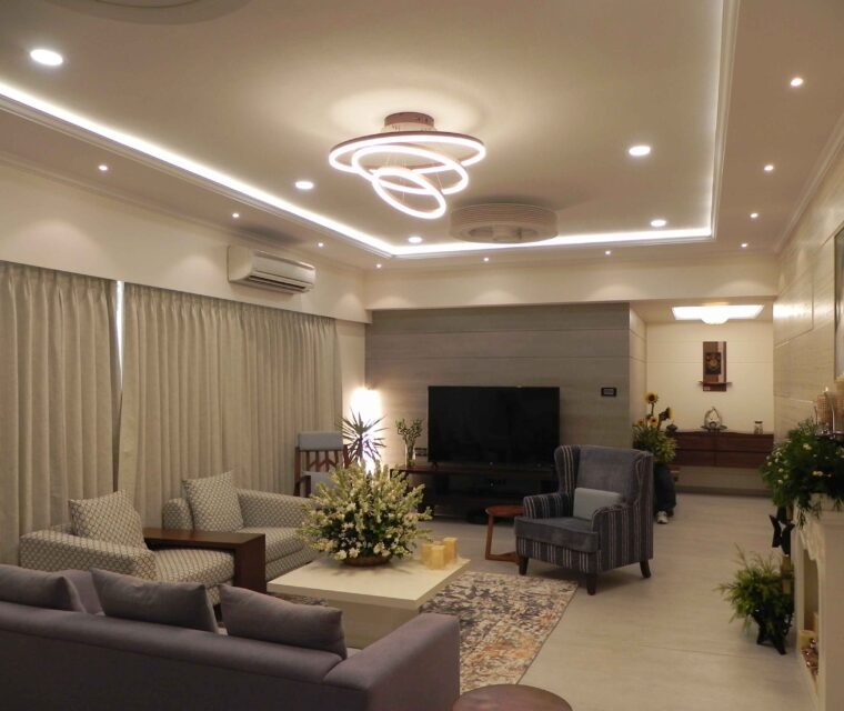 Modern living room interior design with stylish lighting and elegant seating