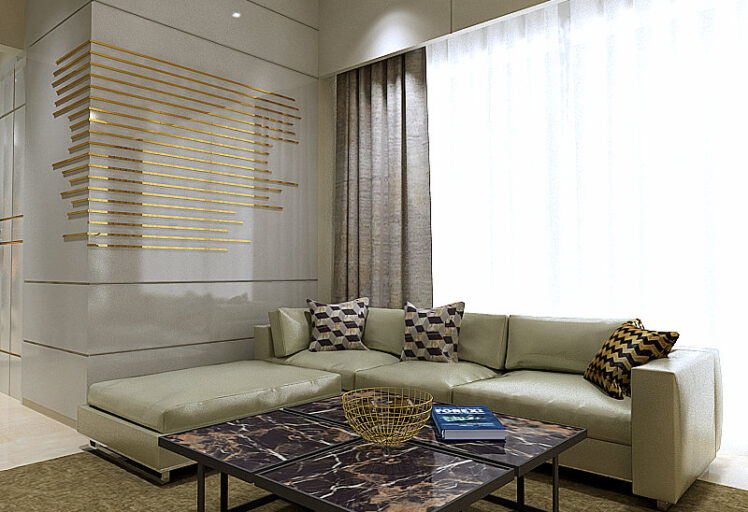 Contemporary sofa set in neutral tones with geometric wall art and marble coffee table