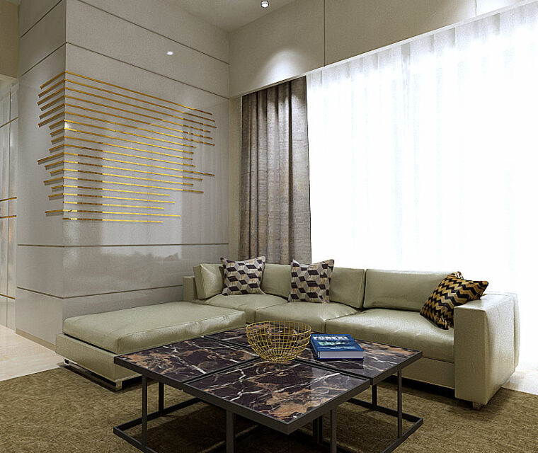 Contemporary sofa set in neutral tones with geometric wall art and marble coffee table