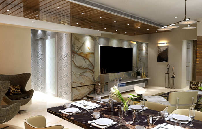 Luxury living room interior with marble feature wall, TV panel, and designer furniture