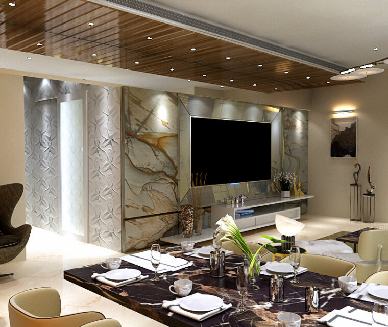 Luxury living room interior with marble feature wall, TV panel, and designer furniture