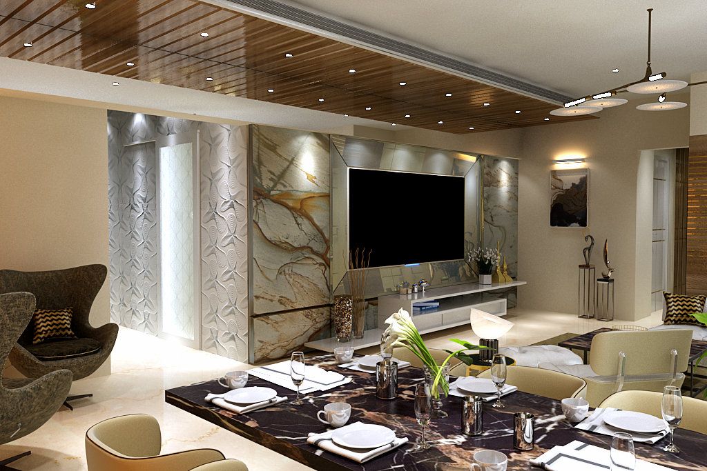 Luxury living room interior with marble feature wall, TV panel, and designer furniture