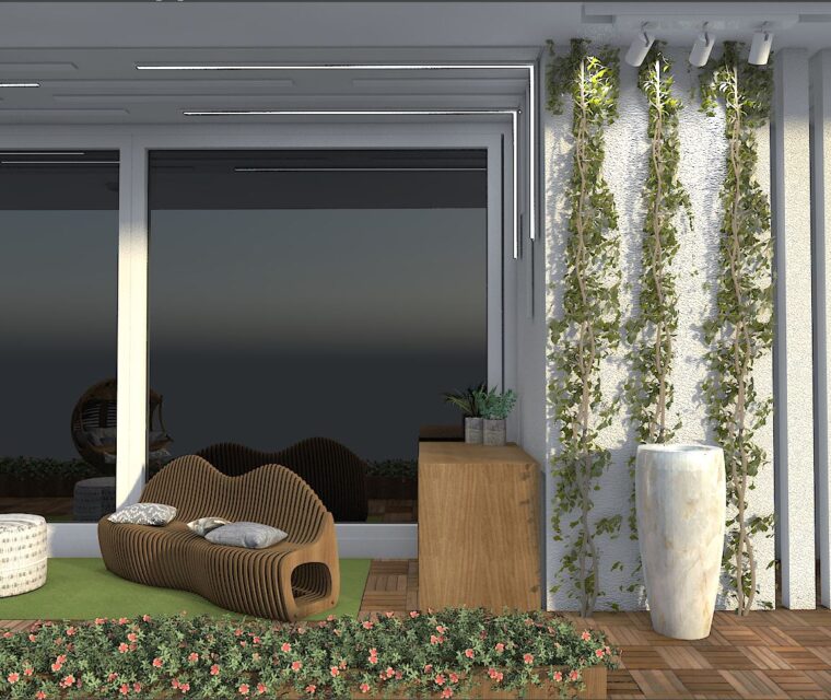 Modern balcony interior with green vertical garden, stylish wooden furniture, and decorative planter