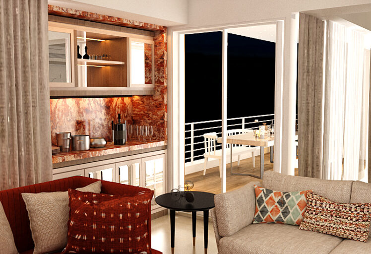 Pink-themed bedroom with geometric design headboard, contemporary lighting, and soft pastel decor