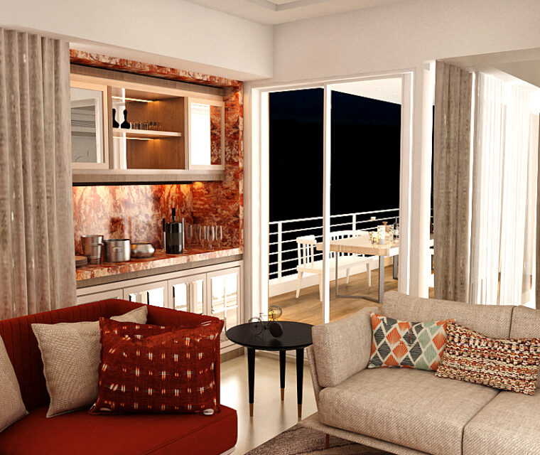 Pink-themed bedroom with geometric design headboard, contemporary lighting, and soft pastel decor