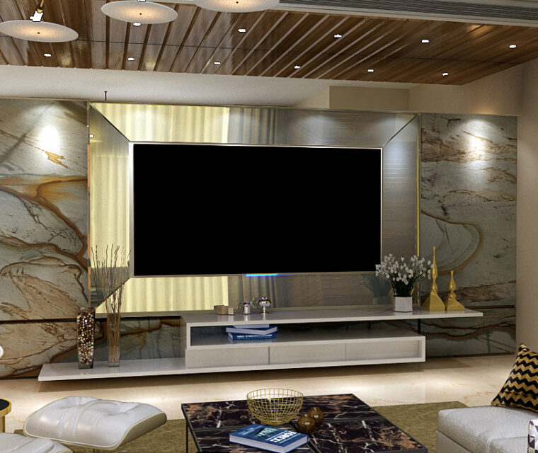 Luxury entertainment wall panel with marble finish and integrated LED lighting