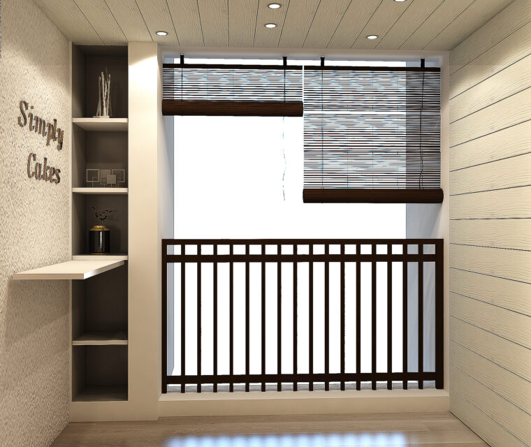 Balcony decor with bamboo blinds and wall shelf in simply cakes theme