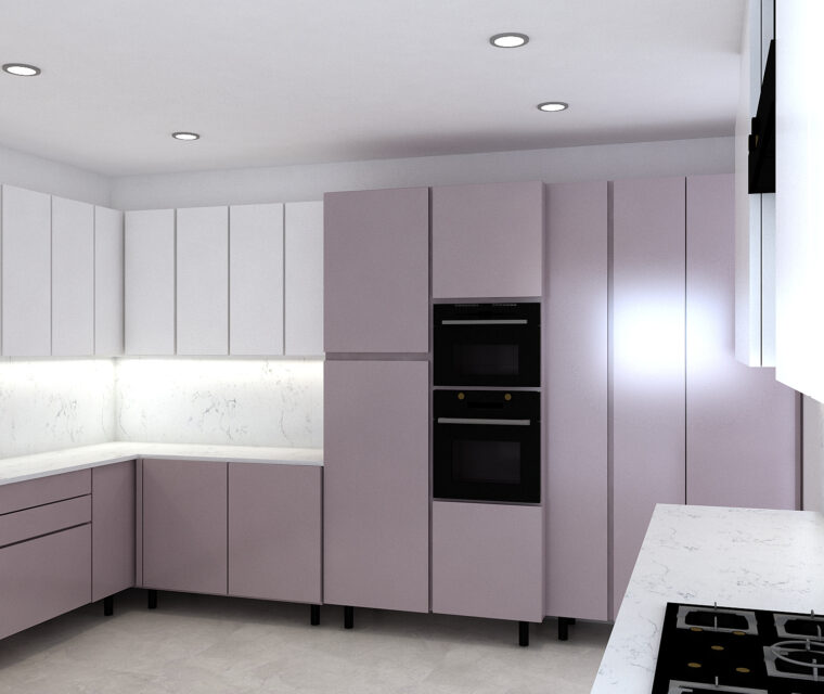 Minimalistic modular kitchen with matte pastel cabinets, white marble countertop, and built-in appliances
