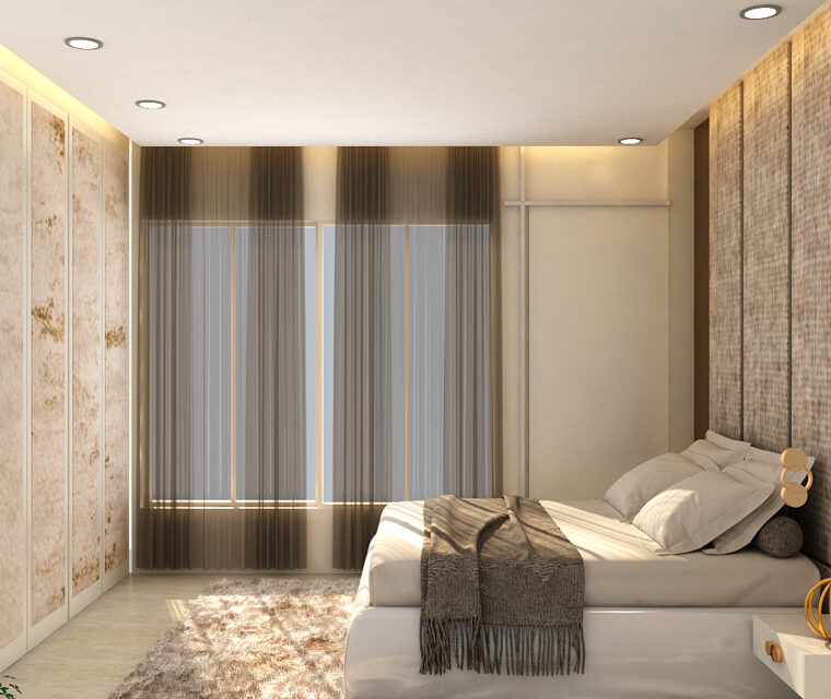 Modern bedroom design with textured walls, cozy bedding, and full-height curtains